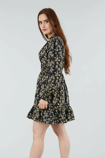 Black Printed Shirring Waist Dress Double Second